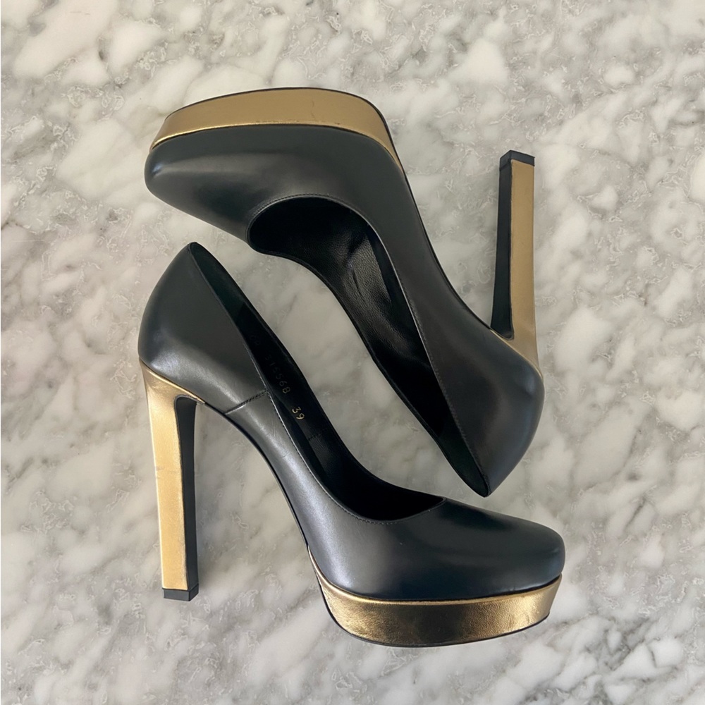 SAINT LAURENT PARIS • Black platform heel with bronze/gold heel accent size 39